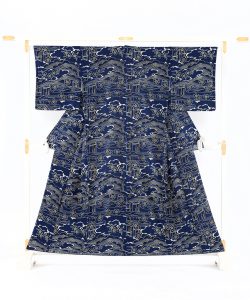 浦野理一作　型絵染縦節紬着物のメイン画像