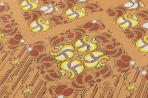 日本工芸会正会員 鈴田清人作　木版摺更紗 染九寸名古屋帯地　「石蕗」　未仕立て品のサブ3画像