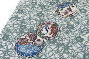 日本工芸会正会員 城間栄順作　小千谷紬 本紅型染 小紋 着尺　「窓絵」　未仕立て品のサブ4画像